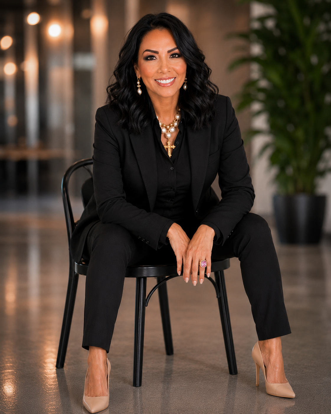 Cristina J. Bazaldúa seated, Founder & Principal of Creative by Cristina